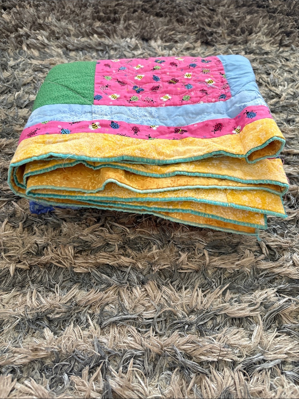 Handmade Colorful Patchwork Baby Quilt - Pink, Green, Light Blue, Yellow - Picture 6 of 6